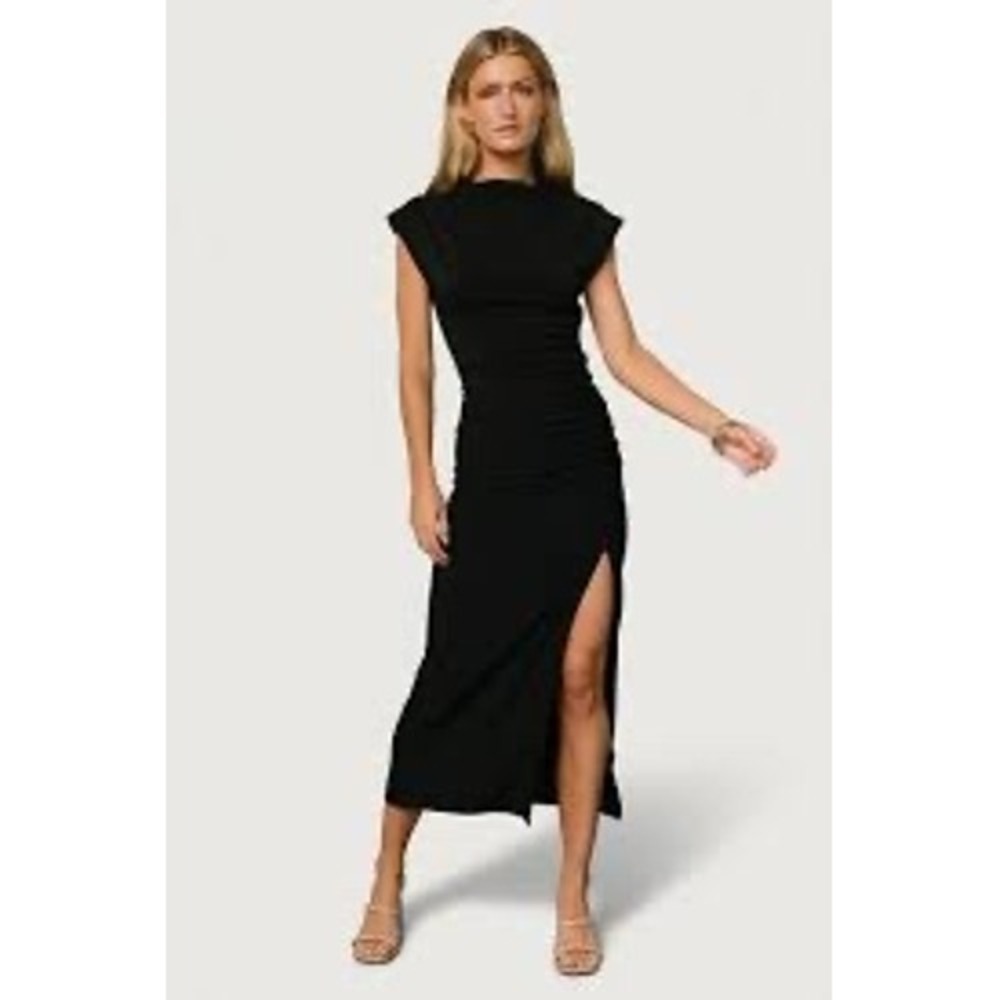 Shore Maxi Dress Women XS Black Excellent Ruched Side Slit Cap Sleeve LBD USA